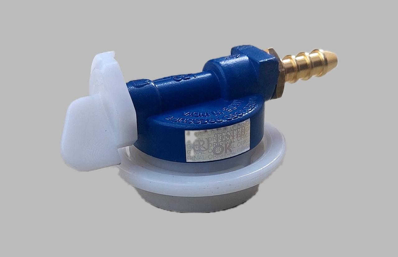 Blue LPG regulator viewed from the side with its label and fitting visible