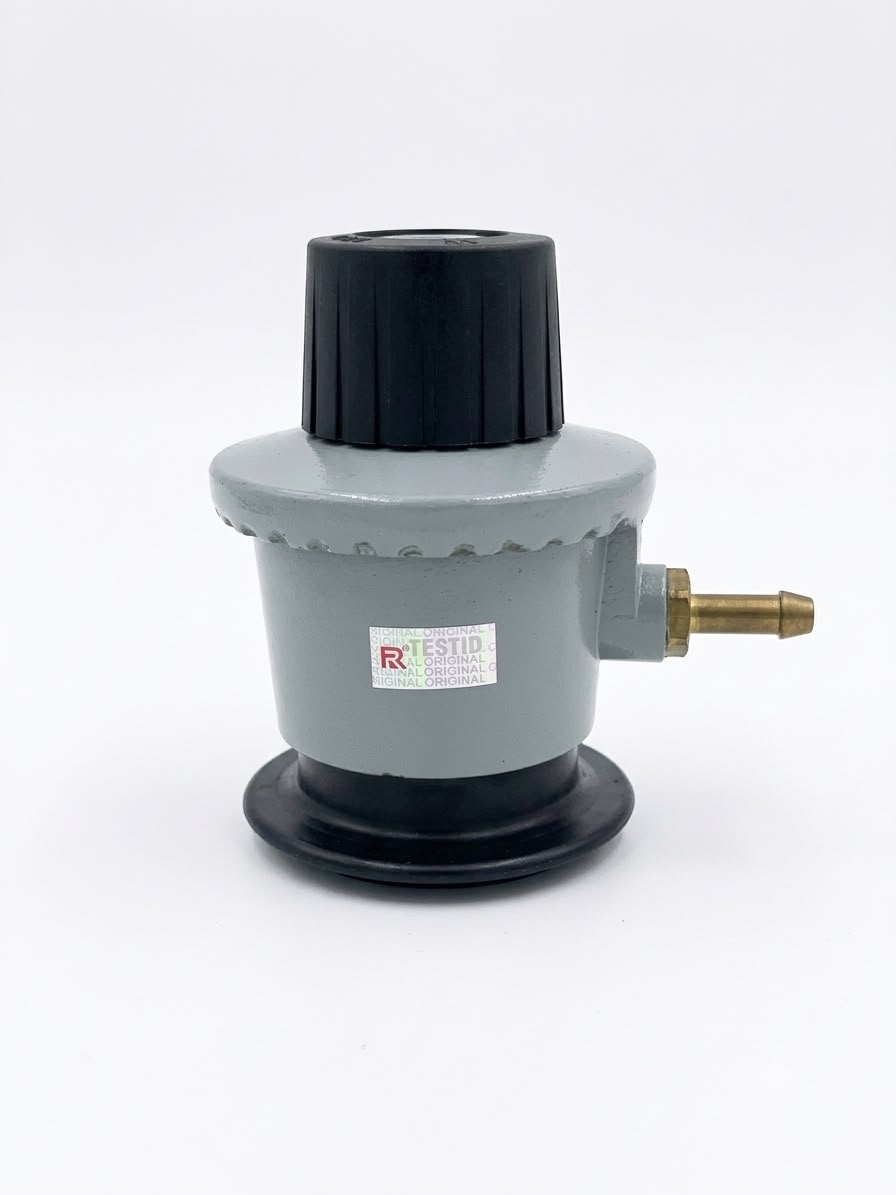 Grey LPG regulator with black control knob and printed front label