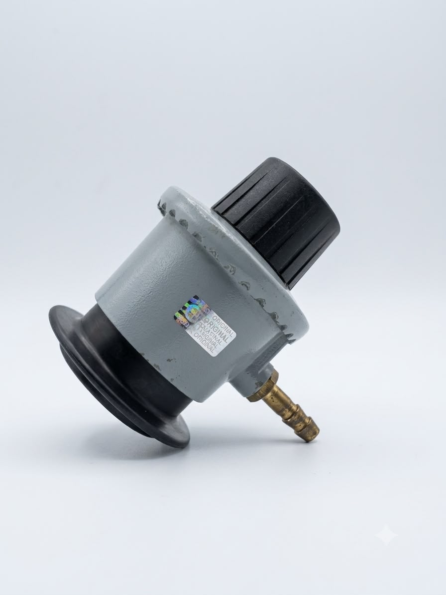 Grey LPG gas pressure regulator with black control knob and brass hose fitting